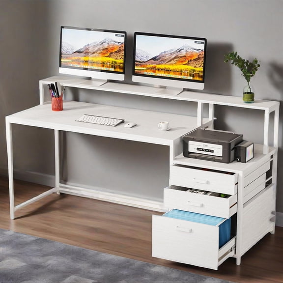 BAYUELSWU Computer Desk with 3 Drawer, Home Office Desk with Long Monitor Stand & Printer Shelf (White)