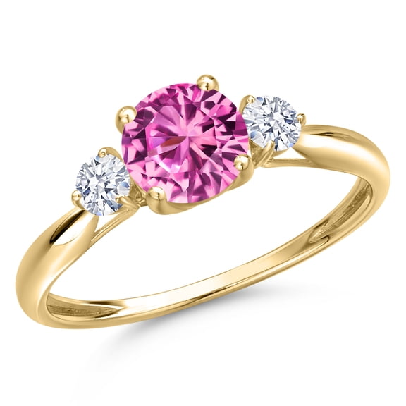 Gem Stone King 10K Yellow Gold Pink Created Sapphire and White Zirconia 3-Stone Ring for Women | 1.22 Cttw | Round 6MM | Gemstone September Birthstone | Size 7