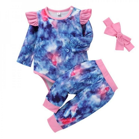 

Promotion!Autumn Winter Baby Girl Boy Tie-dye Print Long Sleeve Romper Top Trousers Headband Outfits Clothes Set