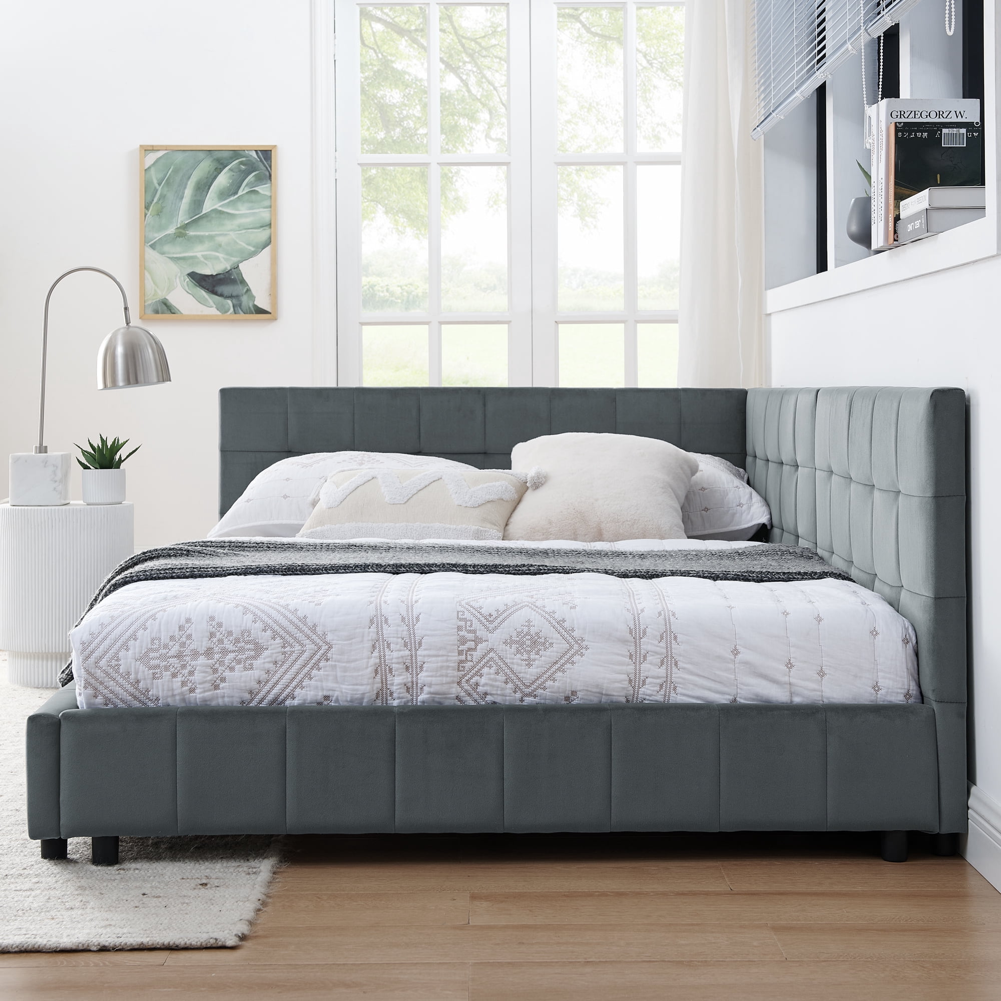 Full Size Upholstered Tufted Bed Frame, Sofa Bed Frame with Comfortable Backrest and Armrests, Full Size Bed for Bedroom, Living Room,Velvet
