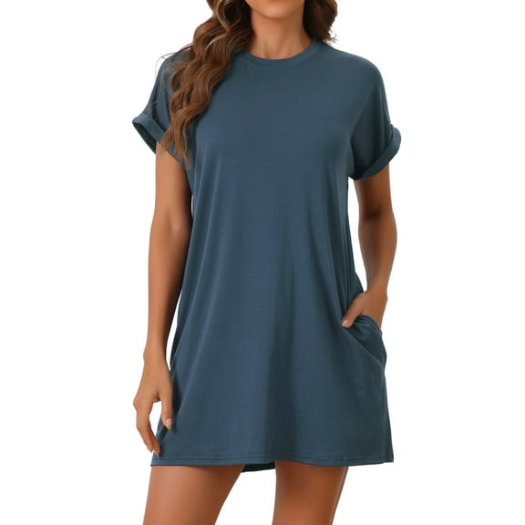 INSPIRE CHIC Women's Nightgown Sleep Dress Short Sleeve Crew Neck Soft Night Dress with Pockets M Blue