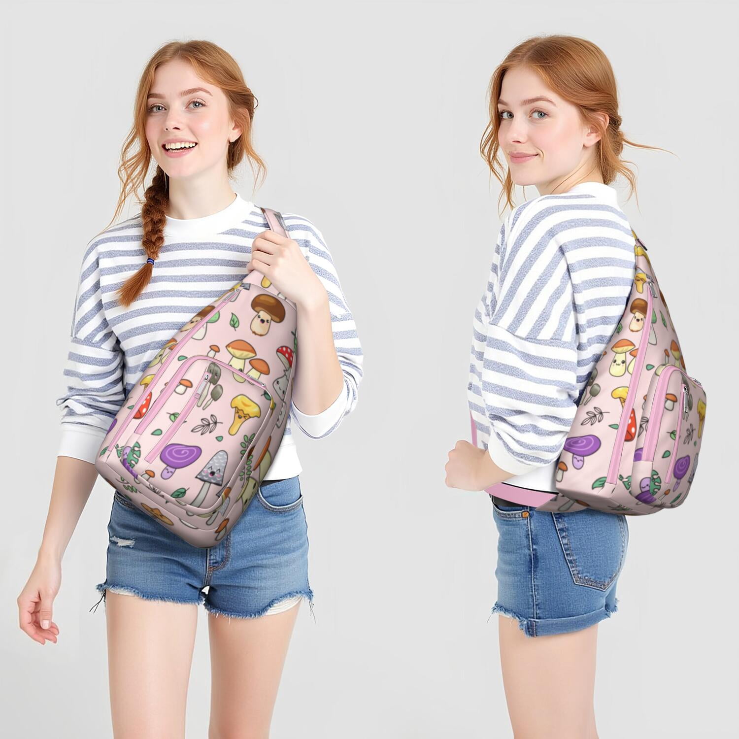 Boho Mushroom Sling Bag for Women - Vintage Floral Print, Adjustable Strap, Water-Resistant Crossbody Chest Bag (19.9×9.4×3.0inch)