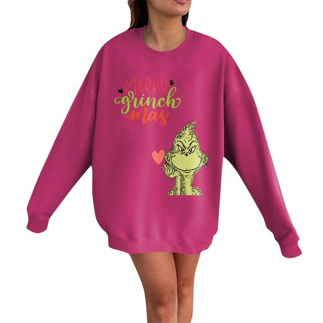 Grinch Chandail en Molleton pour Femmes Grande Taille Mode Décontractée Imprimé de Noël Manches Longues Col Rond Chandail Ample Chandails en Molleton Grinch Imprimé, 2TG
