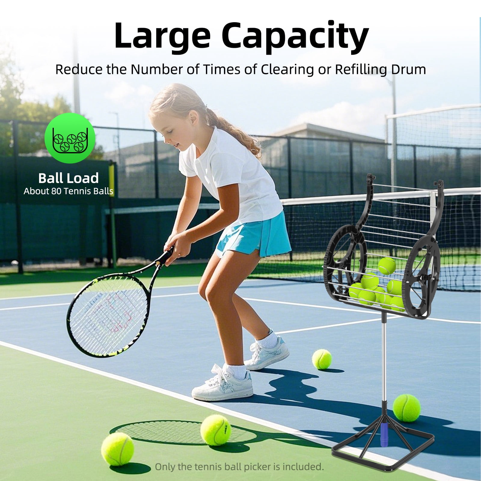 2-in-1 55 Tennis Ball Pickup Automatic Ball Retractor with Handle,Tennis Field Equipment Auto Collector Picker Retractor