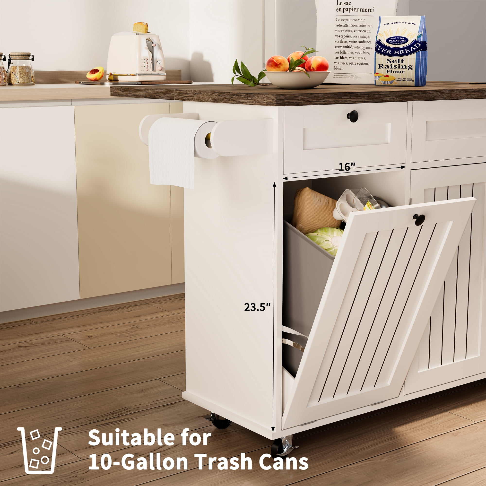 Multifunctional Kitchen Island Cart with Electrical Outlet, Drawers & Wheels – Mobile Storage & Prep Station for Small Spaces, Brown & White