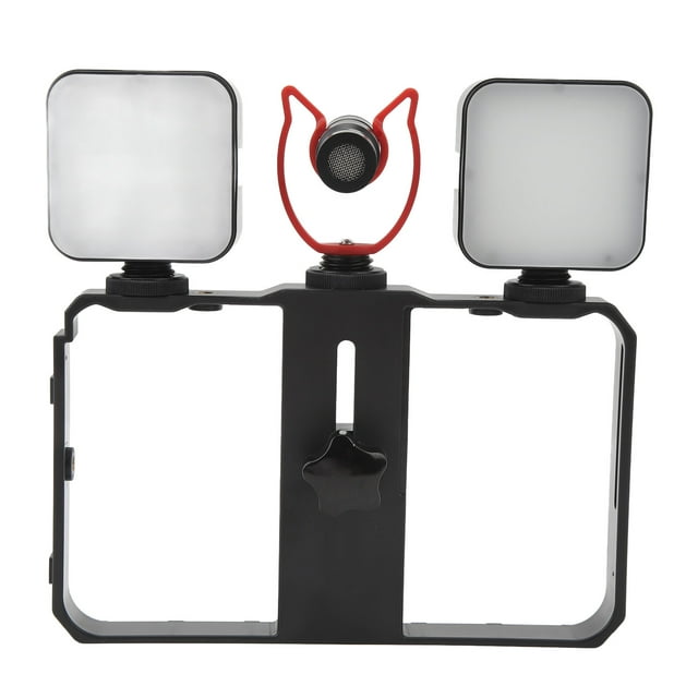 Smartphone Video Rig Kit, Aluminum ABS Non Slip Phone Cage Rig Kit with Fill Light for Media Interviews