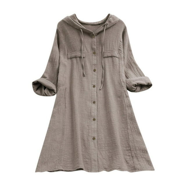 Womens Casual Button Plus Size Cotton Tops Tee Shirt Hooded Pocket Loose Blouse