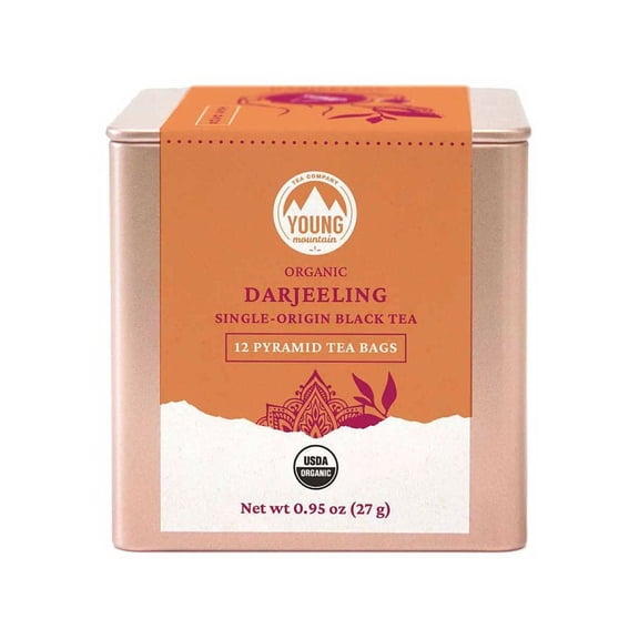 Young Mountain Tea Organic Darjeeling 12 pyramid tea bags in tin