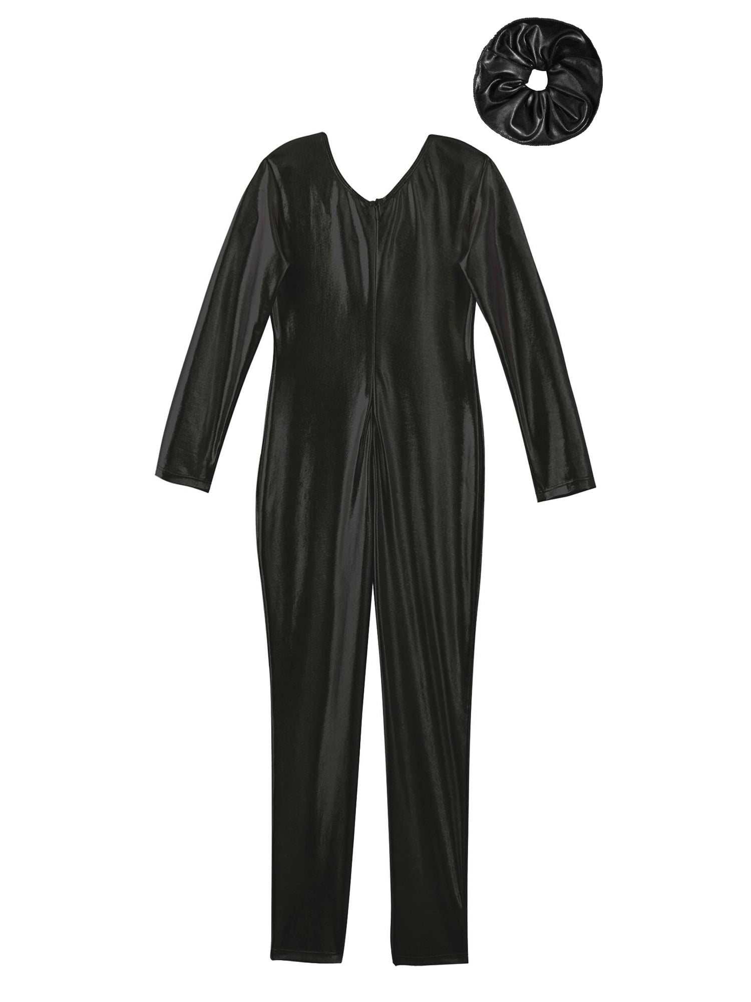 Doomiva Kids Girls Shiny Metallic Long Sleeve Full Body Bodysuit One Piece Jumpsuit with Hair Band Set Black 6