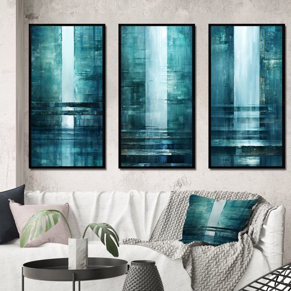 Designart "Turquoise Riverside Door to the Other Side II" Abstract Collages Framed Wall Art Set Of 3 - Turquoise Transitional Frame Gallery Wall Set For Home Decor