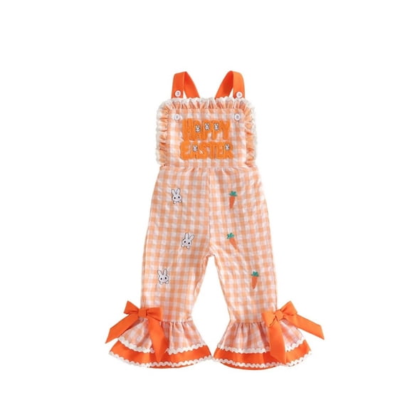 BBilaBu Toddler Kids Girls Plaid Jumpsuits Easter Egg Bunny Embroidery Sleeveless Bell-Bottom Size 12 Months to 5 Years (Orange)