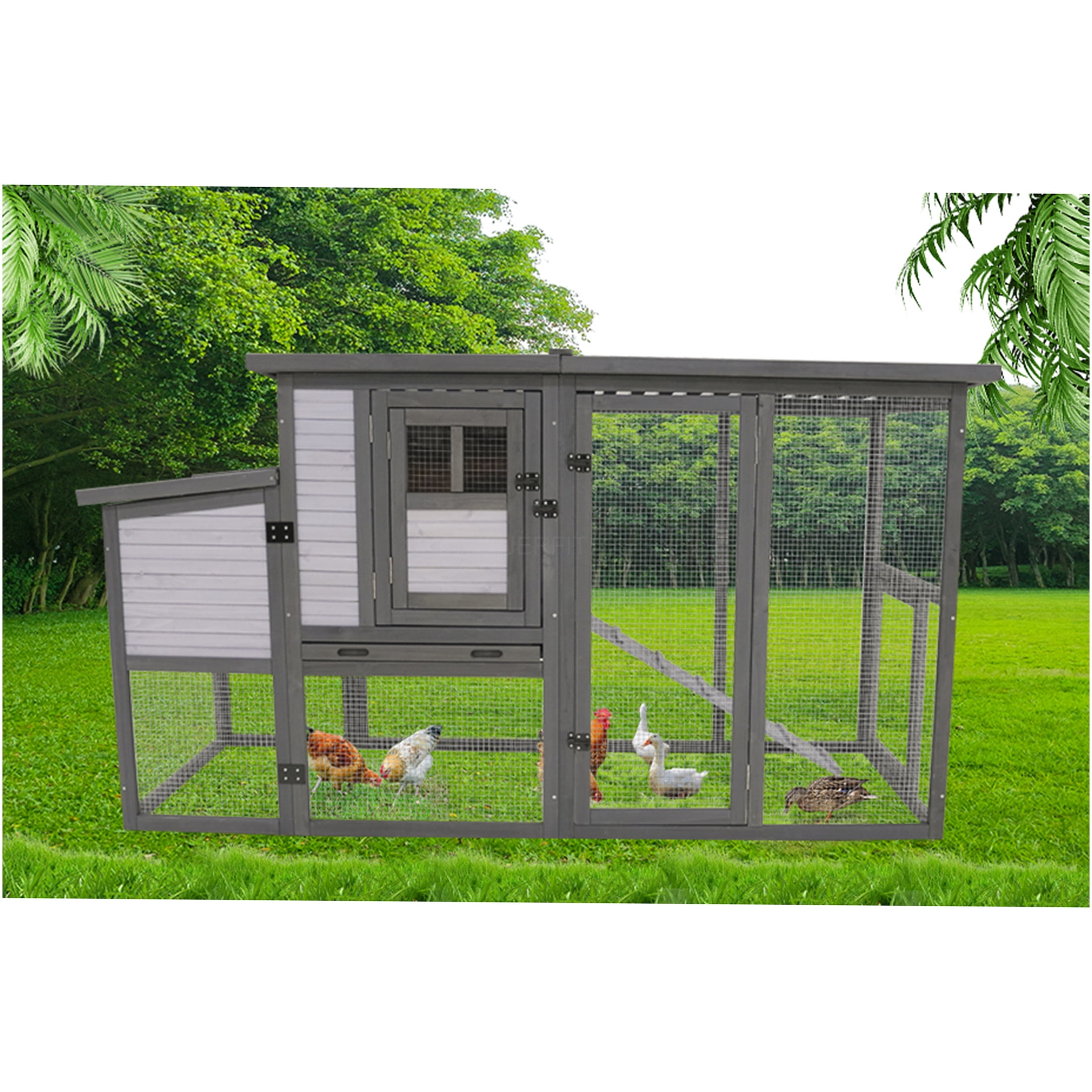 JERFIT 79 Inch Large Outdoor Chicken Coop with Waterproof Asphalt Roof, 2 Nesting Boxes, Upgraded Perches & Removable Floor for Easy Cleaning, Wooden Poultry Duck Rabbit Hutch House, Blue Grey