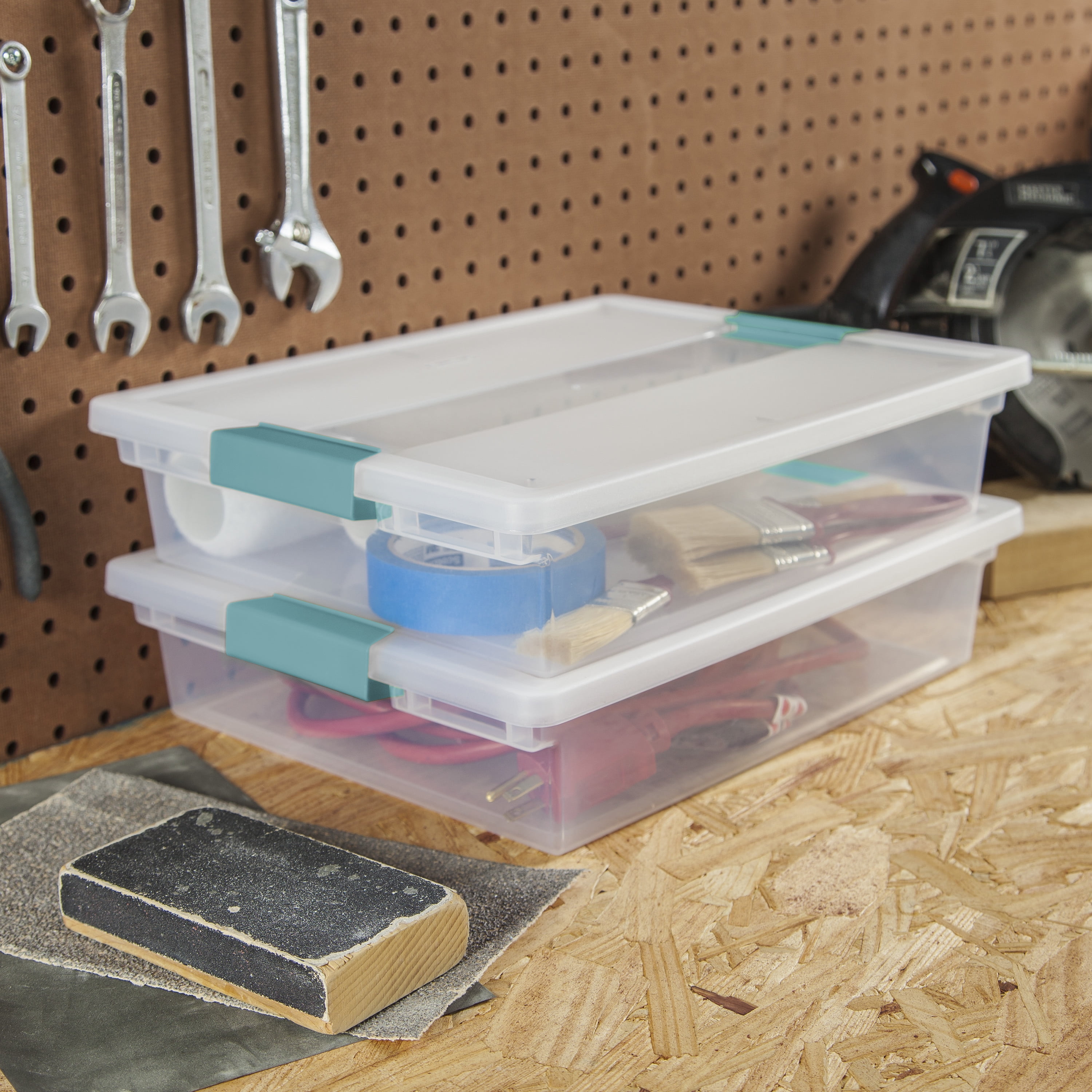 Sterilite Plastic Storage Bin / Large Clip Box, 14” L x 11” W x 3 1/4” H, Aqua Haze