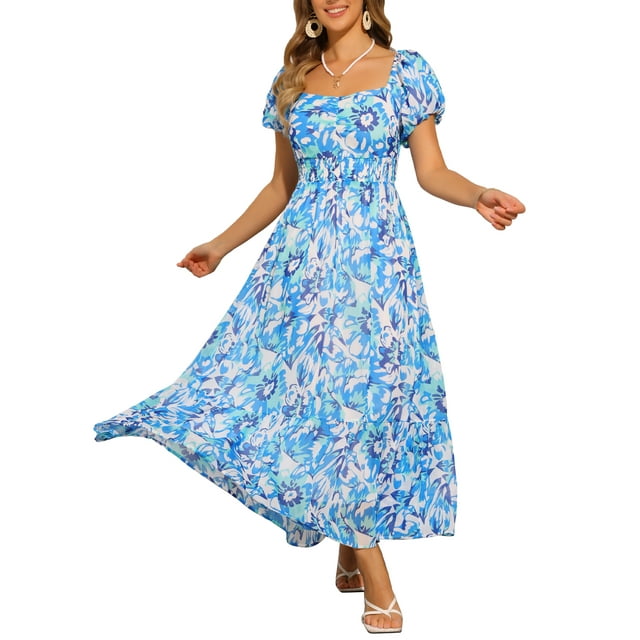 INSPIRE CHIC Vestidos Florales para Mujeres con Cuello Cuadrado, Cintura Alta, Espalda Fruncida, Vestido Maxi de Capas S Azul
