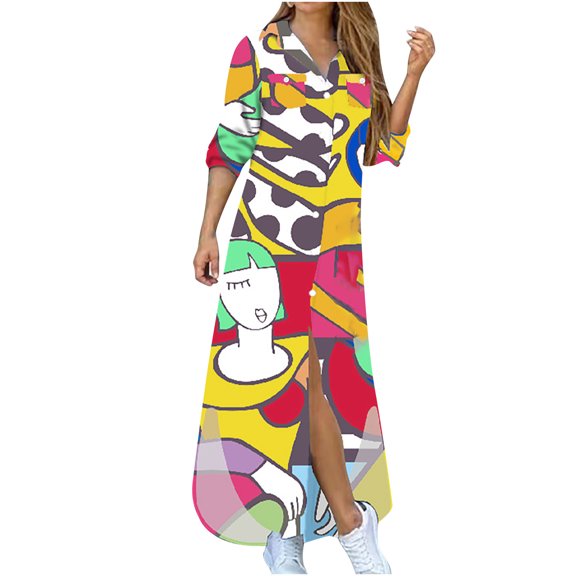 Lilgiuy Women's Casual Lapel Printing Button Single-Breasted Long-sleeve Shirt Split Long Dress Yellow 2022 Fall Winter