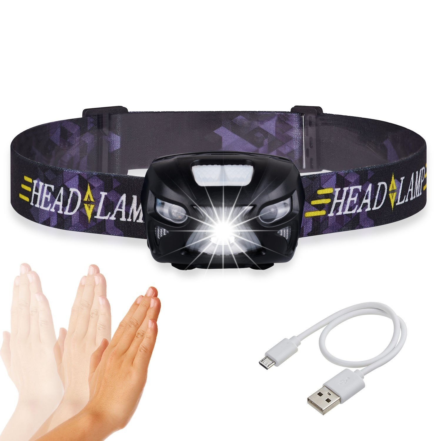 USB Rechargeable Headlamp Flashlight Sensor LED Headlamp Waterproof  Headlamps for Running, Walking, Camping, Reading, Hiking, Kids, DIY More,  USB Cable Included, Black