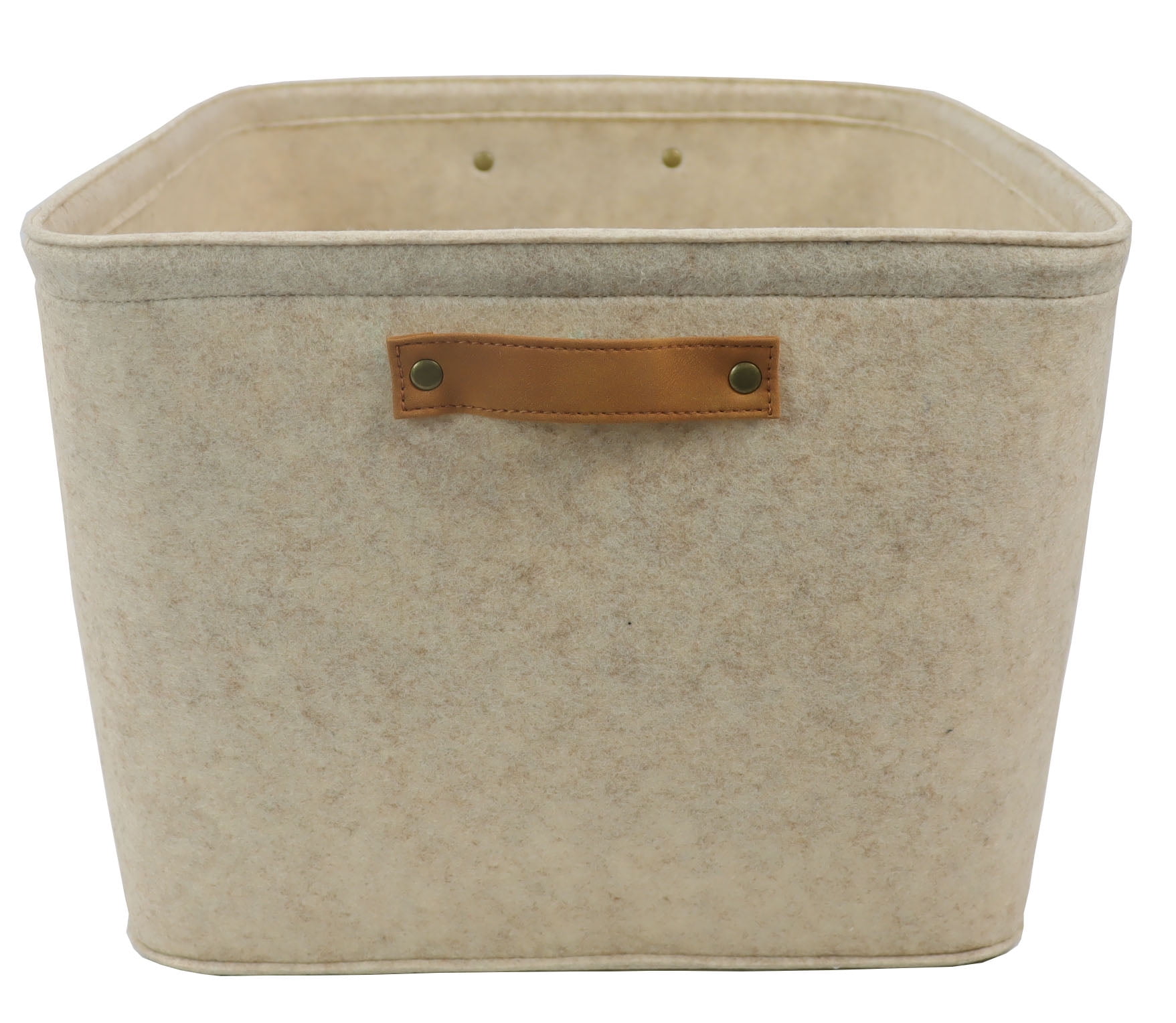 Mainstays Large Decorative Storage Basket in Oatmeal Brown Felt with Faux Leather Handles, 16.5 x 14 x 10.5 Inches