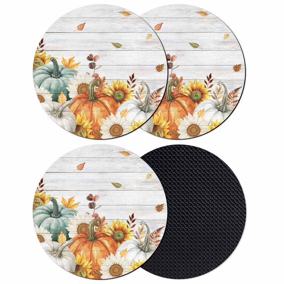 Thanksgiving Pumpkin Coasters Set of 4, Absorbent Coasters for Drinks, Fall Sunflower Leaves Gray Wooden Coaster for Desk Coffee Table Protection, Home Decor House Warming Gifts 4"