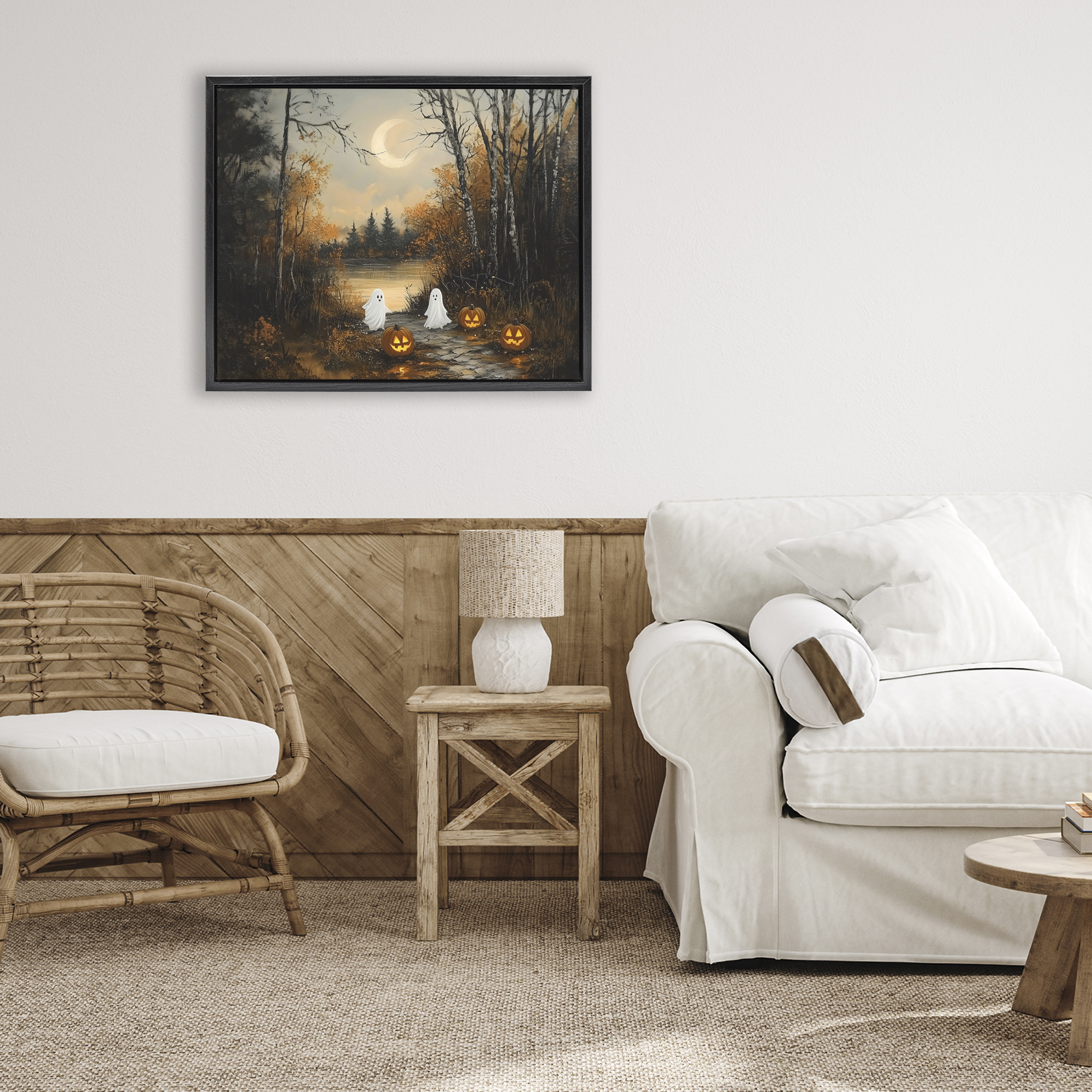 Autumn Ghosts at Lake Black Framed Floater Canvas Wall Art, design by Arlington Prints