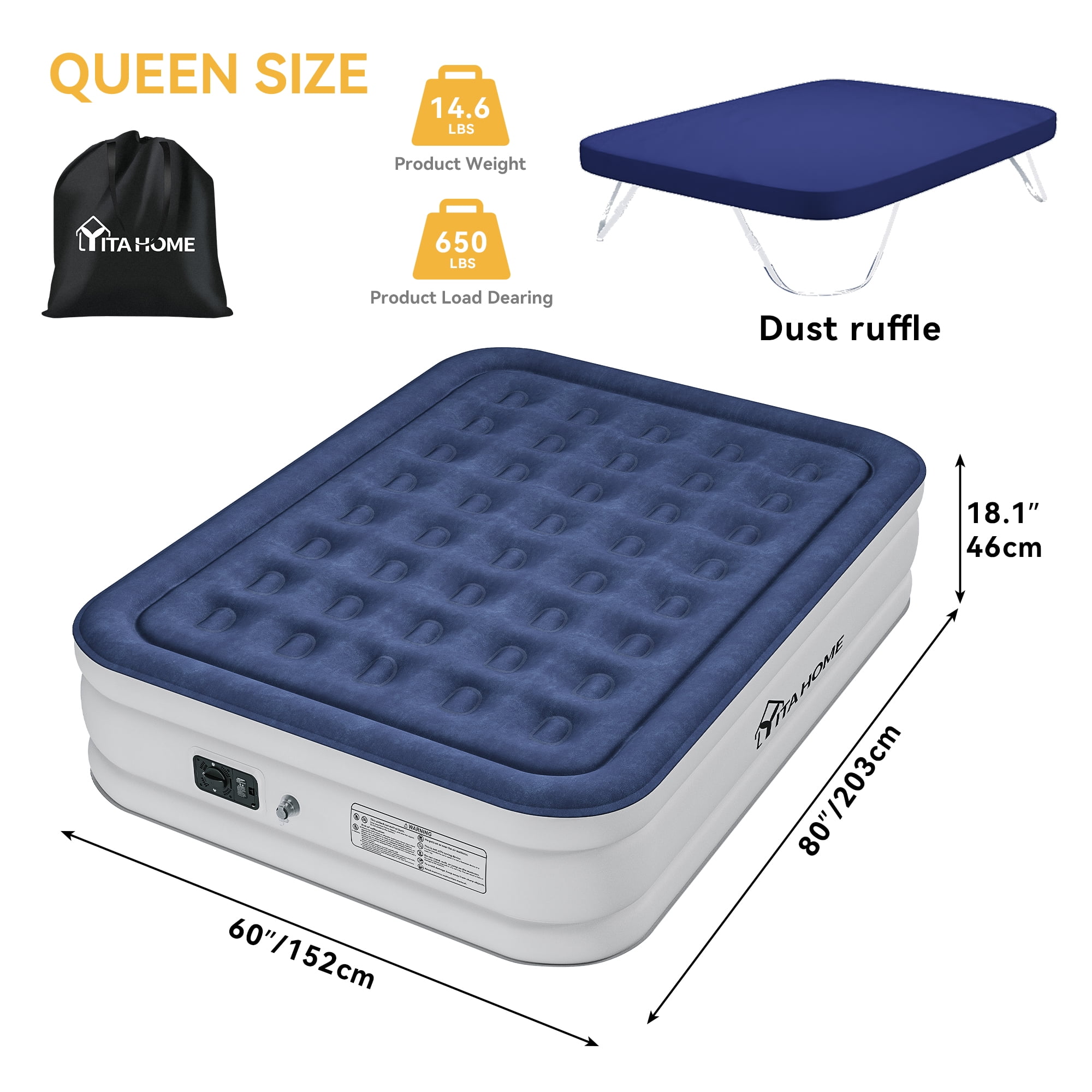 Queen Air Mattress, Custom-Fit Sheet, 3-Minute Rapid Inflation, Exceptional Durability, Sturdy Support up to 650lbs