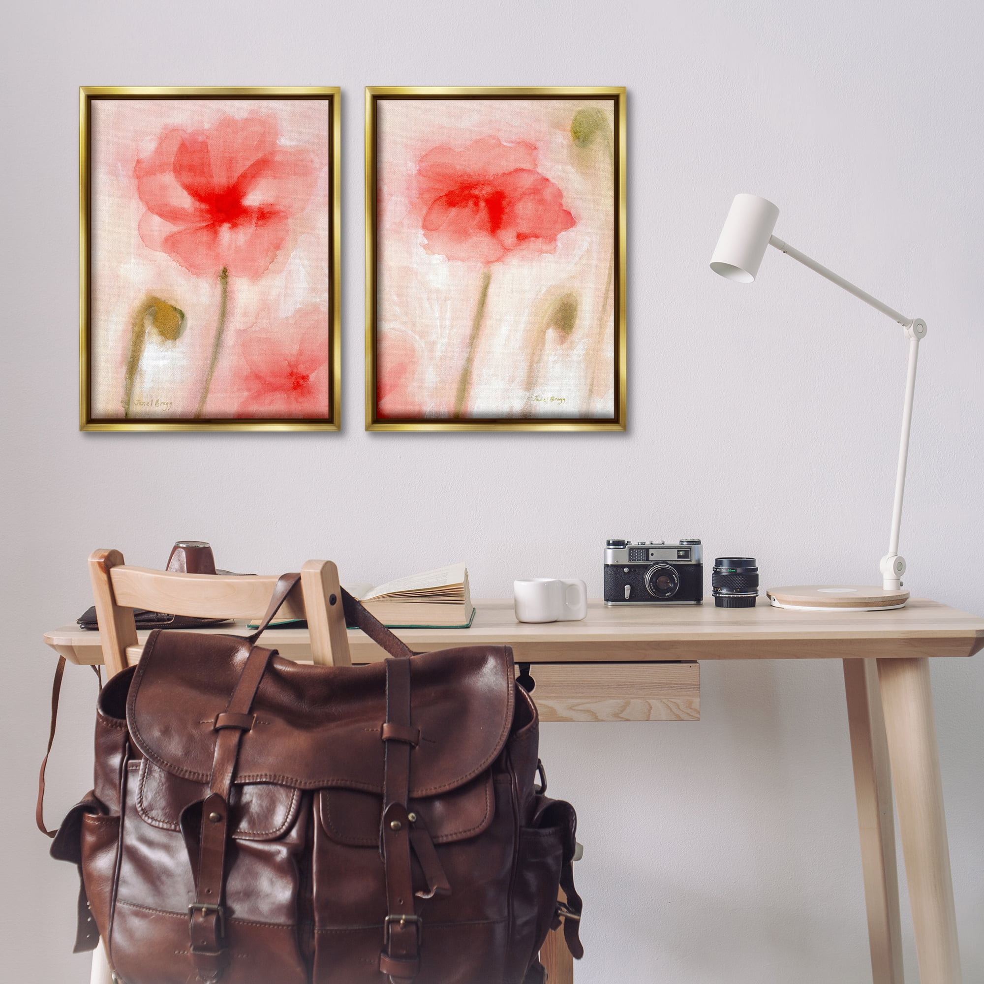 Stupell Industries Beautiful Coral Poppy Blossom Plants & Flowers Painting Gold Floater Framed Canvas Art Print Wall Art, 21 x 31, Set of 2