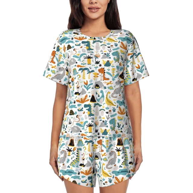 Balery Cartoon Dinosaur Conjunto de Pijama para Mujer con Estampado, Dos Piezas de Manga Corta y Shorts, Ropa de Dormir Suave con Cuello Redondo y Bolsillos-X-Large