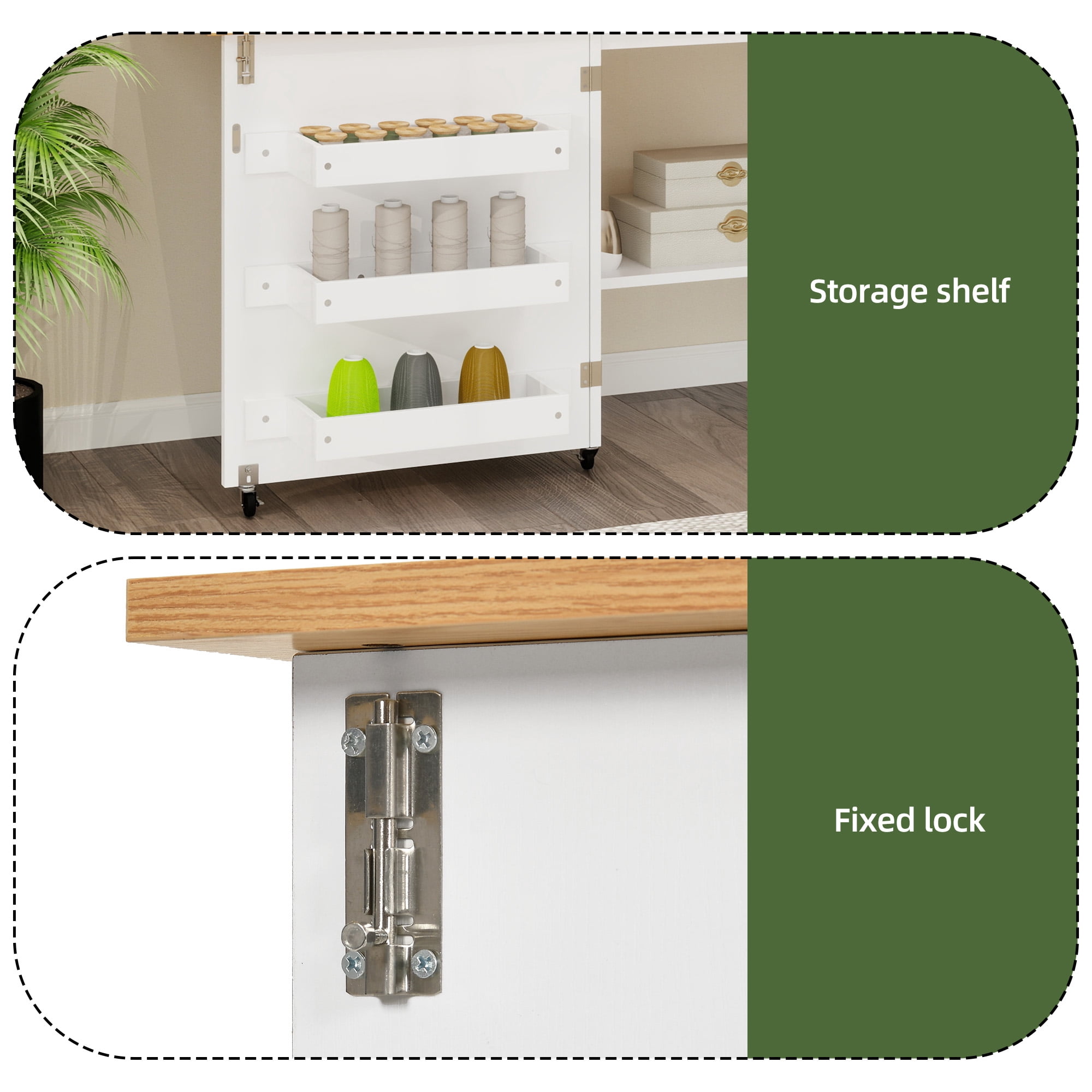 Uforic Folding Sewing Table with Charging Station, Storage Shelves & Lockable Wheels, White & Oak for Home or Craft Rooms