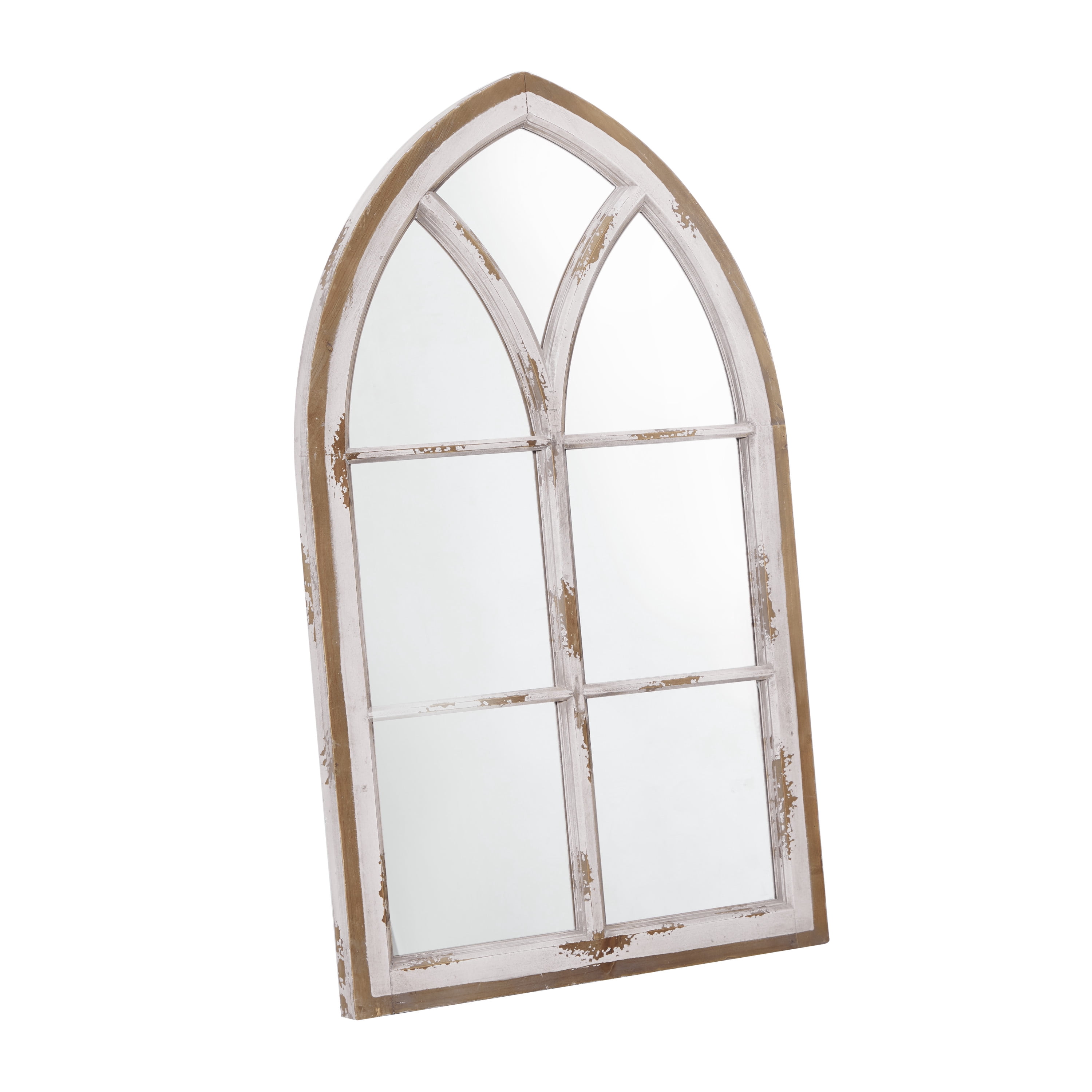 DecMode 32" x 51" White Window Pane Inspired Wall Mirror with Arched Top and Distressing