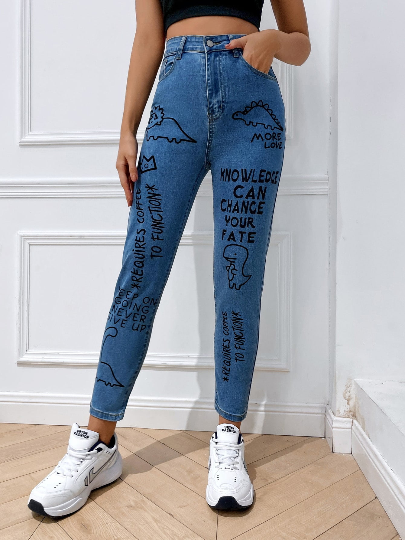 Women's High Waist Dinosaur Slogan 