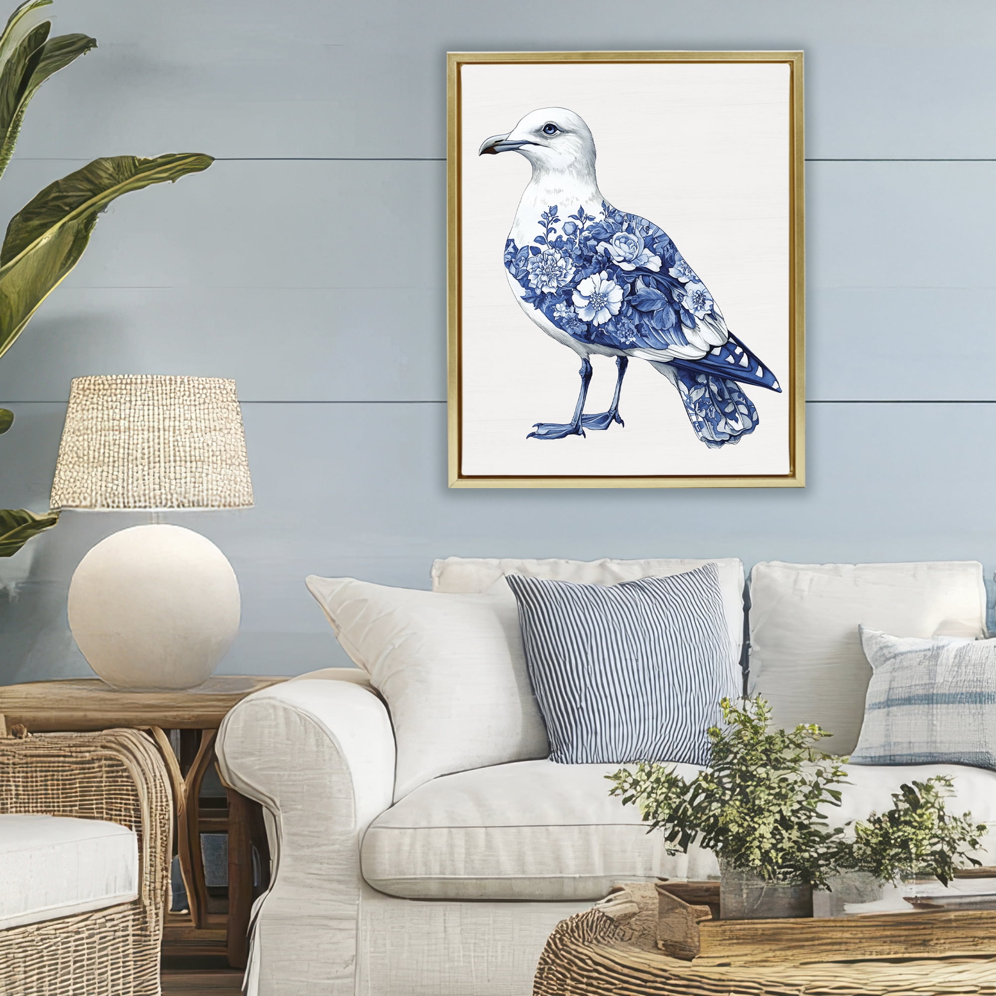 Funky Toile Seagull Gold Framed Floater Canvas Wall Art, design by Lettered and Lined