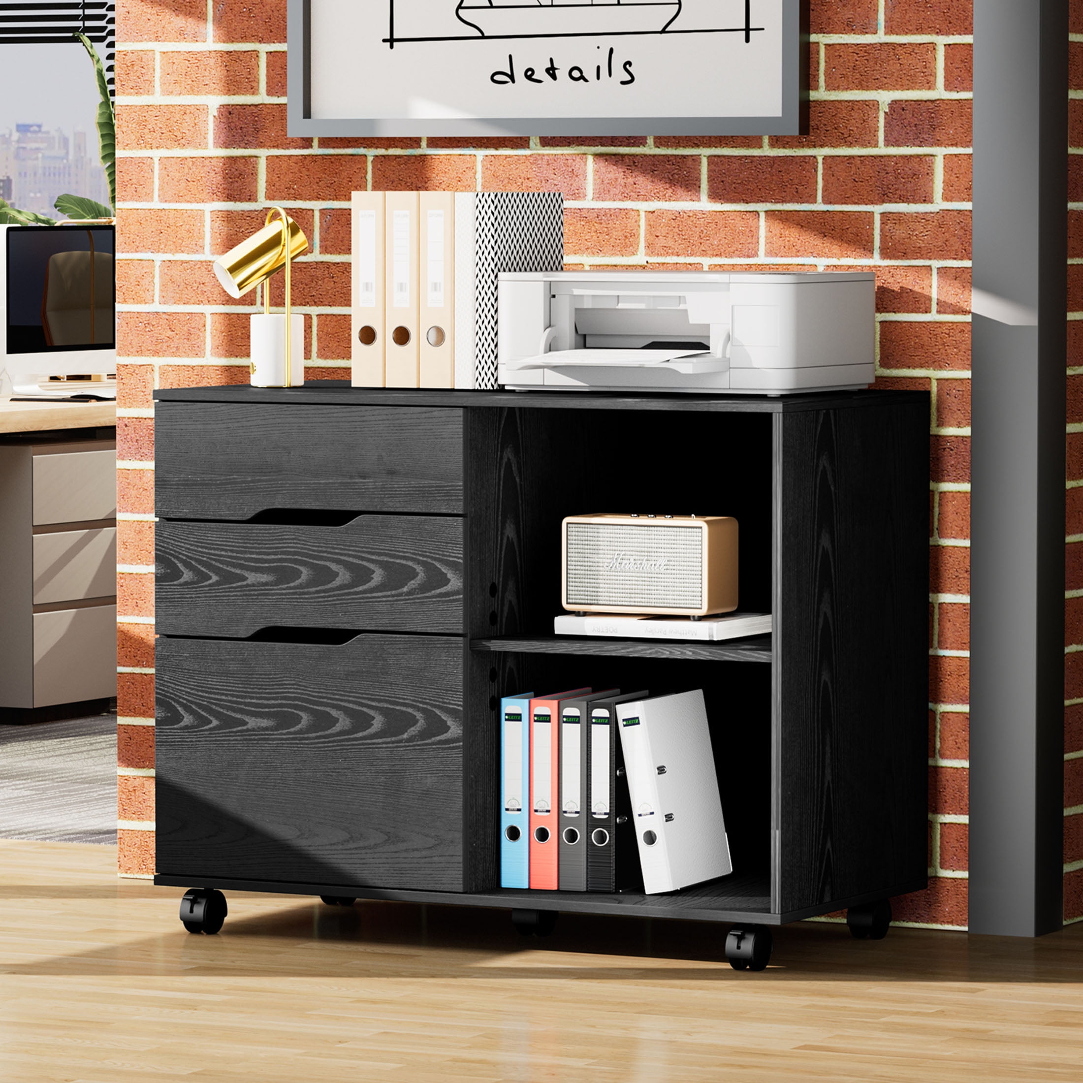 JIOABL 3-Drawer File Cabinet, Lateral Mobile Filing Cabinet Wood Storage Organizer with Wheels, Printer Stand & Open Shelves for Home Office, Black