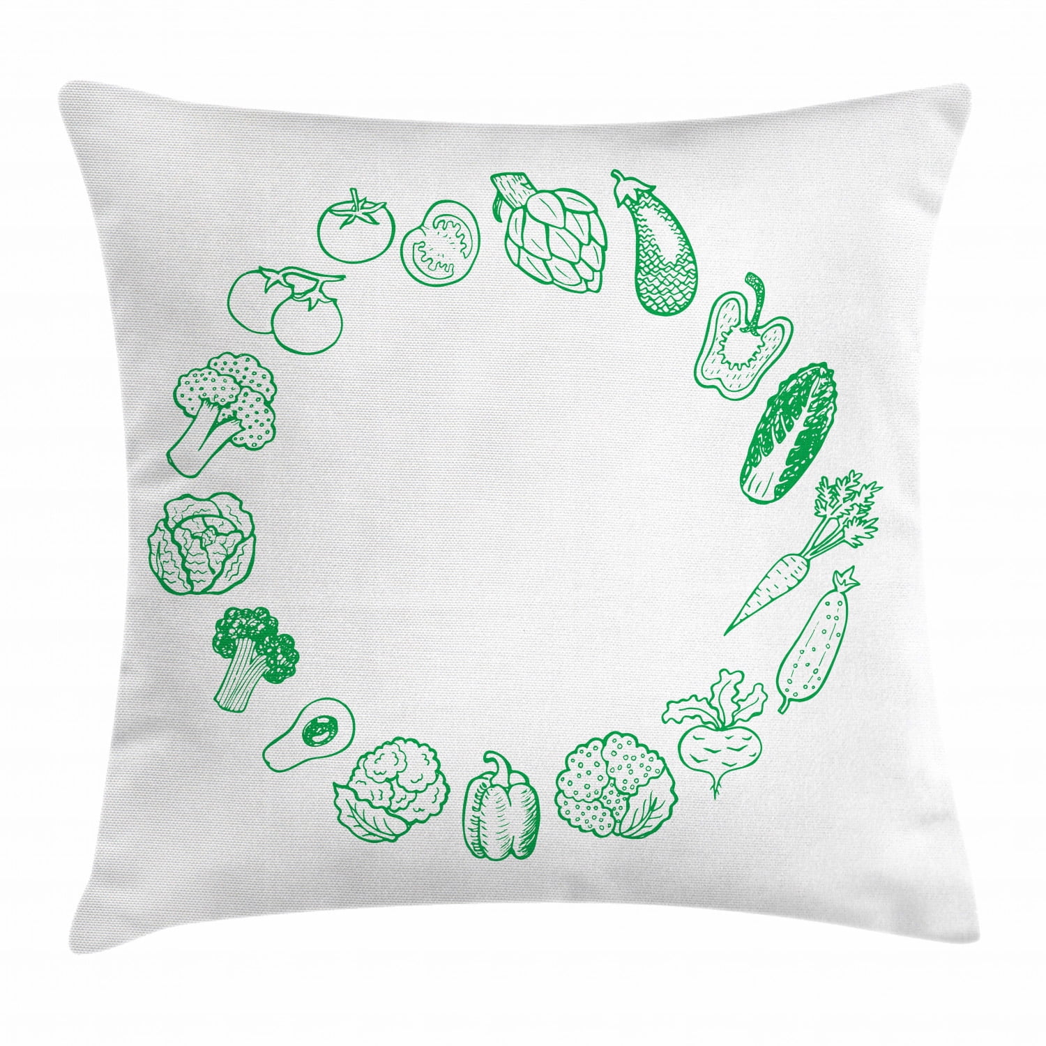 Vegetable Art Throw Pillow Cushion Cover, Fresh Green Circle of Eggplant Tomato Avocado Carrot ...