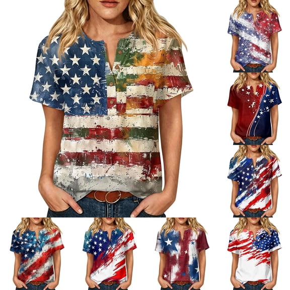 Summer Tops for Women 250 Anniversary USA Flag Short Sleeve Patriotic American Flag Stars Striped V Neck Button T Shirt 4th Of July Outfits for Women Business Work Shirts Khaki XL