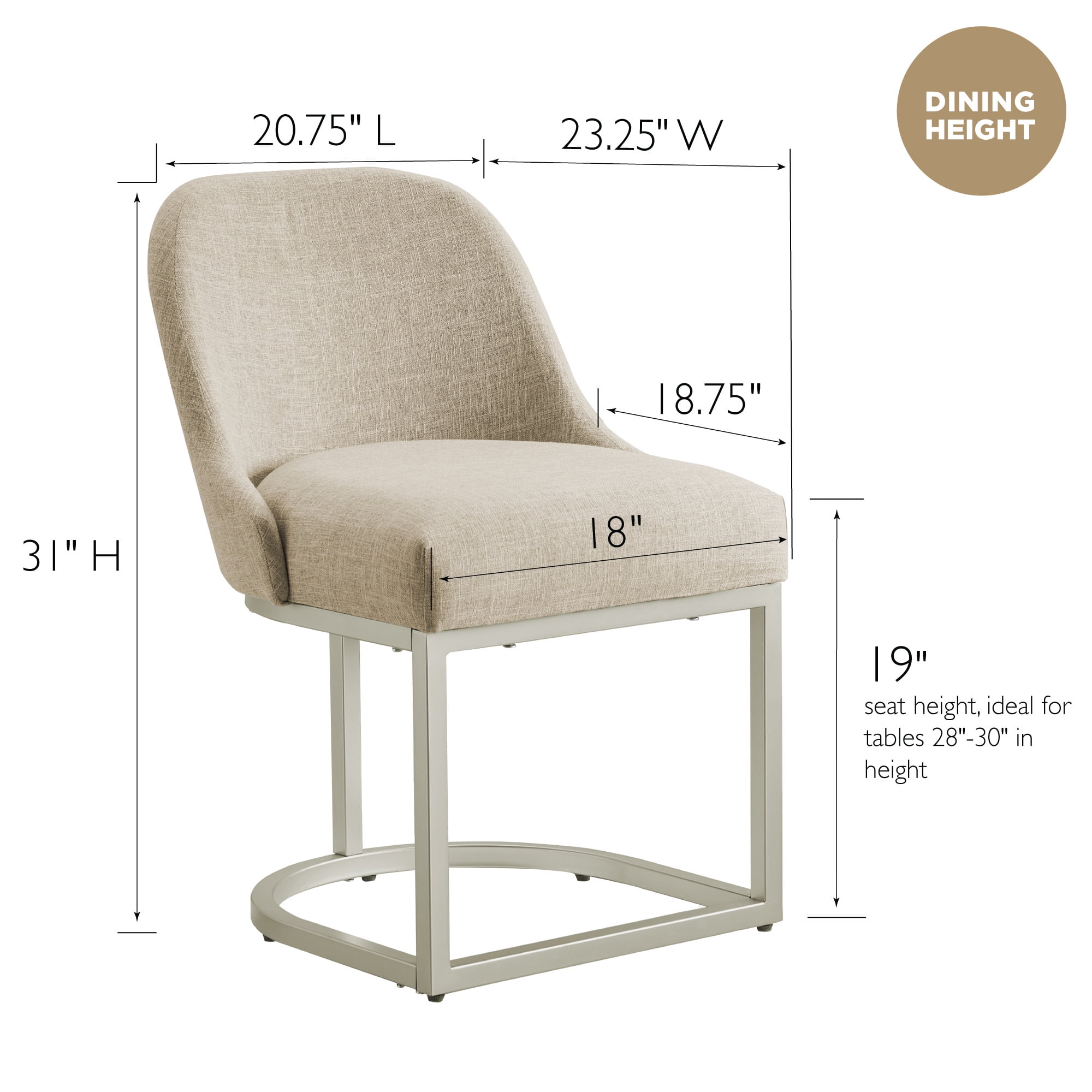 Upholstered Barrelback Dining Chair with Pewter Metal Base, Modern Oatmeal Linen, Set of 2