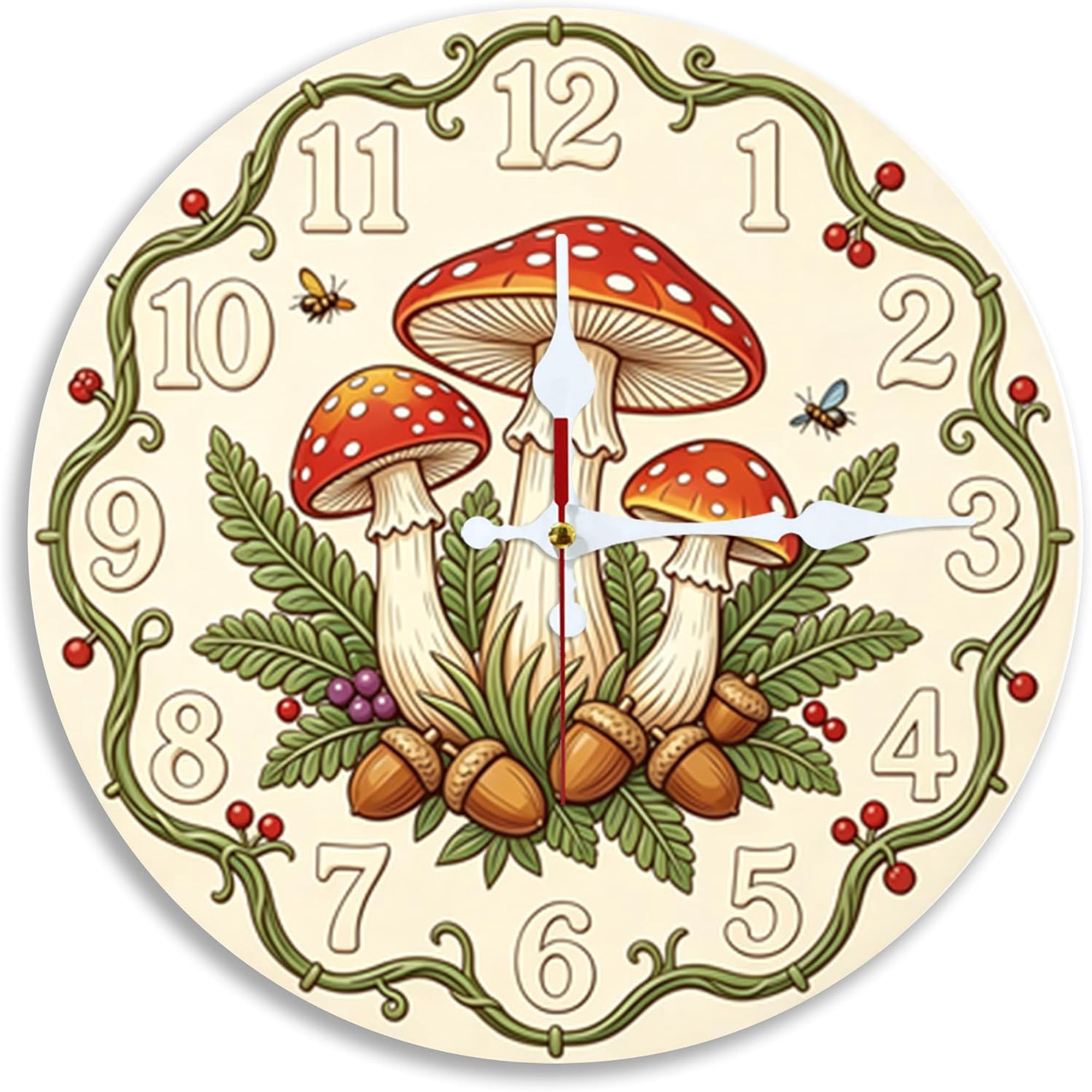 Whimsical Forest Mushroom 2D Wall Clock Art Print, Silent Non Ticking, 10x10 inch, Kids Room, Cabin, Playroom Decor, Battery Not Included