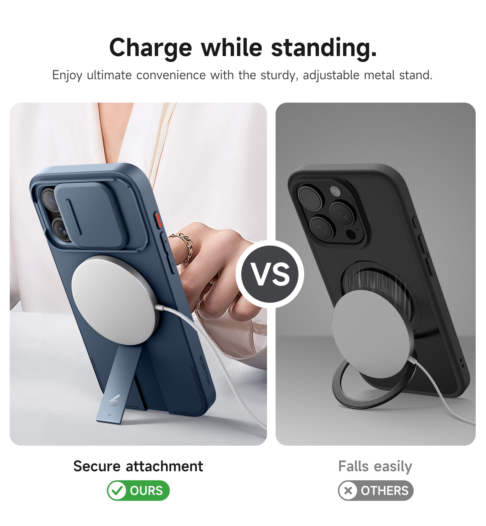 Suritch for iPhone 15 Pro Max Case with Magnetic Camera Slide Cover and Adjustable Kickstand, Compatible with MagSafe, Shockproof Bumper Slim Protective Cover, Blue
