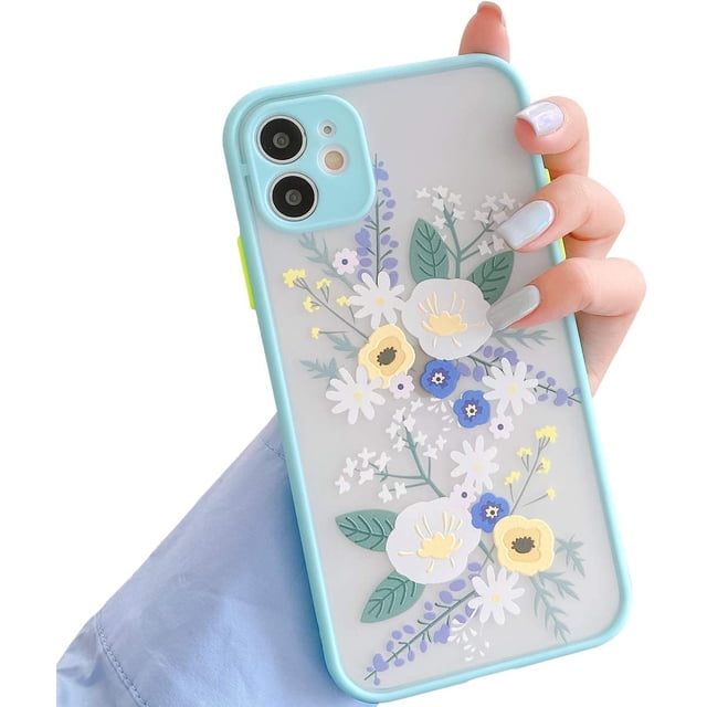 Compatible with iPhone 12 Case, Flower Transparent Matte PC Back 3D Floral and Girls Woman Soft Silicone Bumper Protective Cover Case for iPhone 12-Blue