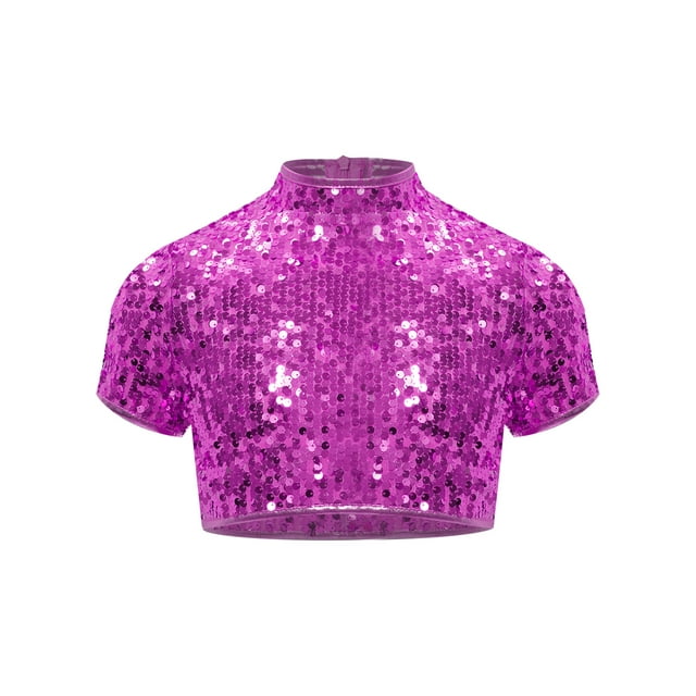 Yhong Filles Enfants Paillettes Scintillantes Dnace Crop Top Jazz Danse de Rue Chandails Performance sur Scène Gilet Hauts Rose Vif 14
