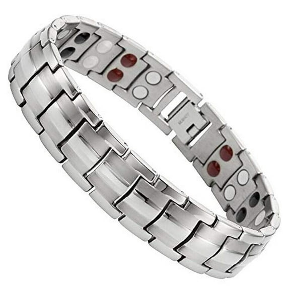 8.5" Inch Mens Titanium Steel Grooved Silver Tone Magnetic Bracelet and Fancy Box.