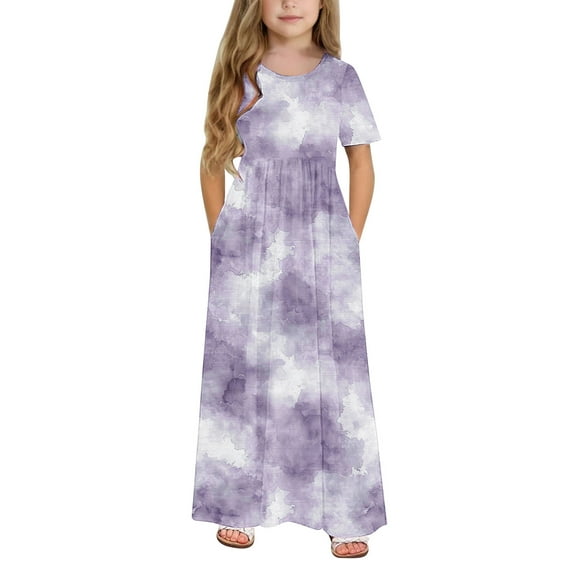 ATOGUTA Girls Ruffled Dresses Short Sleeve Floral Print Loose Casual Long Maxi Dress with Pockets Purple, Size 4-14 Years