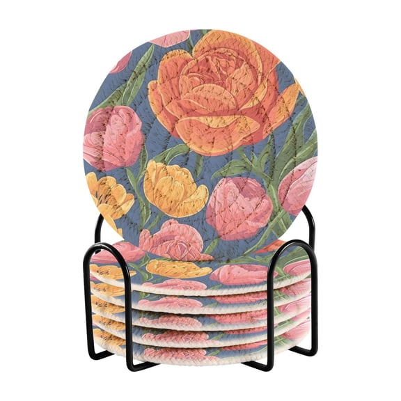 Partern Flowers 6 Pcs Drink Coasters with Holder Absorbent Coasters Woven Coasters for Drinks Table Desk Protection Home Decor