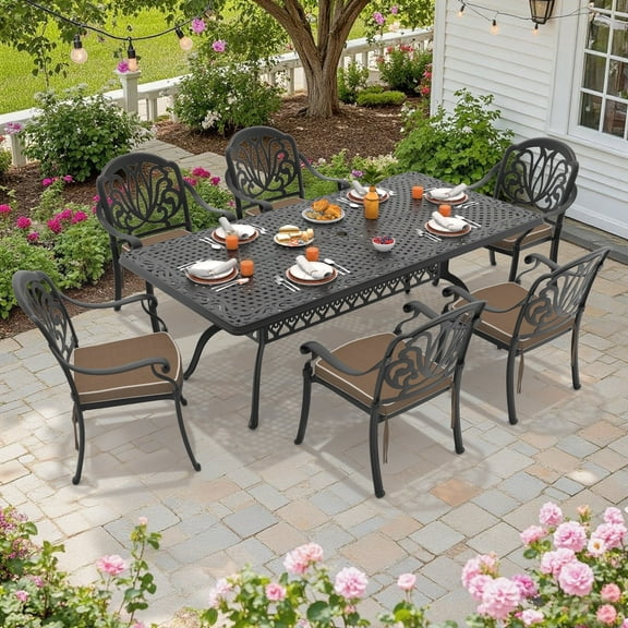 Hzzkey 7-Piece Cast Aluminum Patio Dining Set with Brown Cushions and Umbrella Hole, Rectangular Table,Black