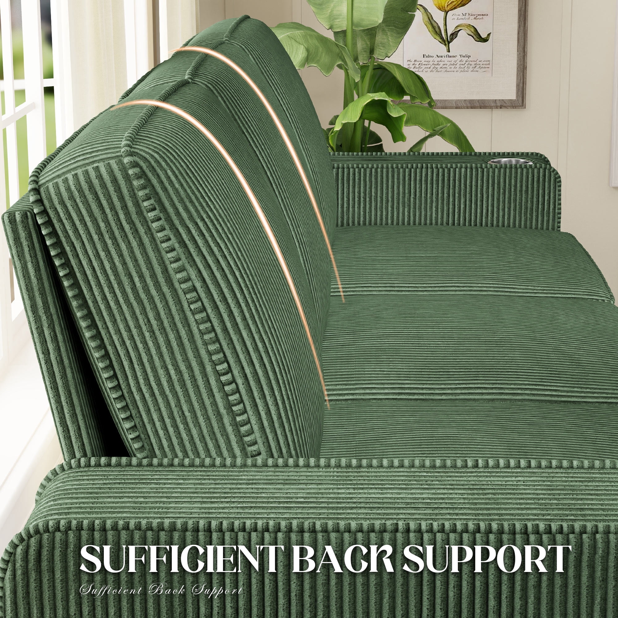 Muumblus 83.5" Living Room Sofa with Cup Holders, Cozy Plush Upholstered Couch, Corduroy Sofa 3-Seater, Green