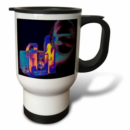 3dRose Picture of a Vintage rainbow 1950s camera with bulb flash, Travel Mug, 14oz, Stainless Steel