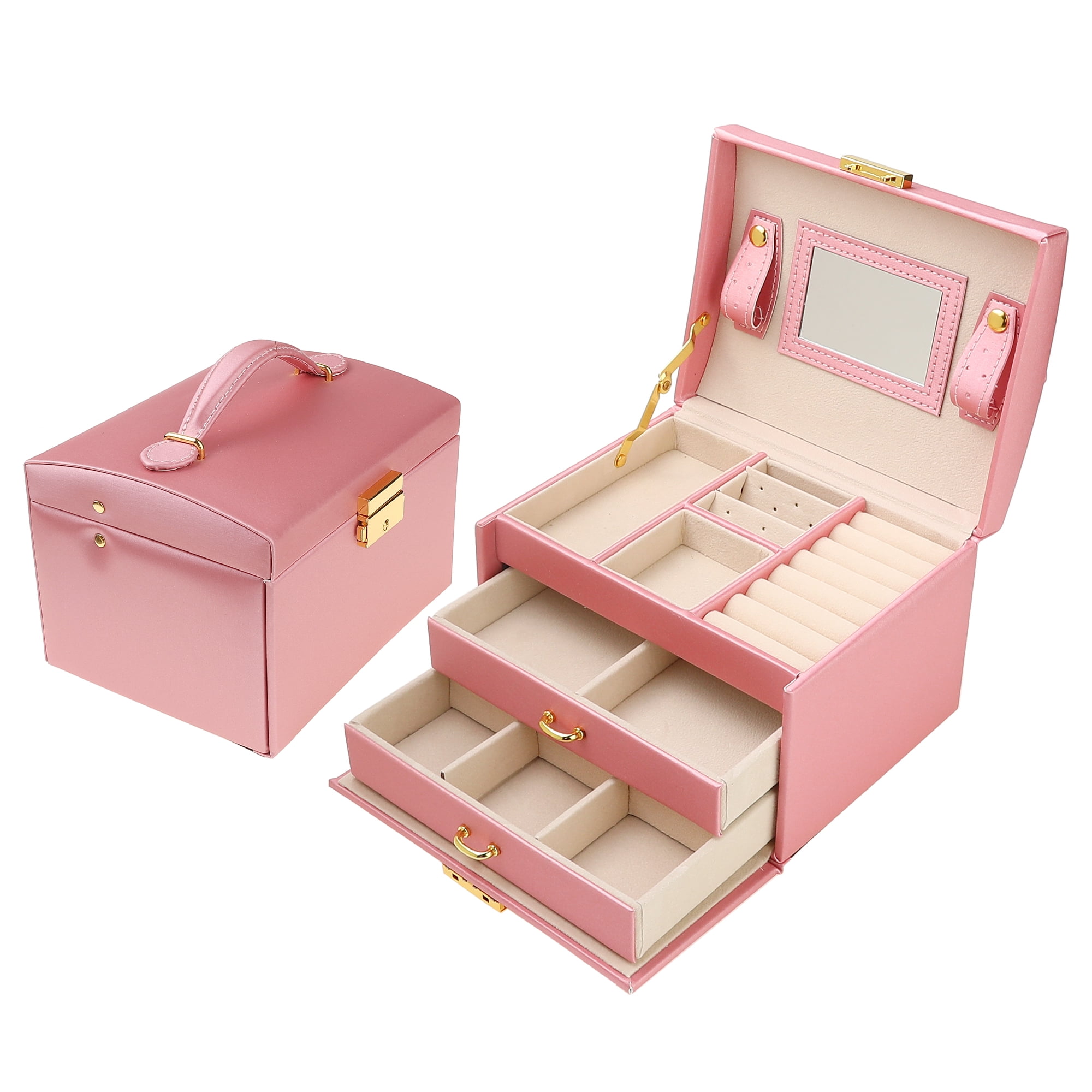 Unique Bargains 3 Layer Jewelry Box with Mirror for Women PU Leather Jewelry Organizer Red