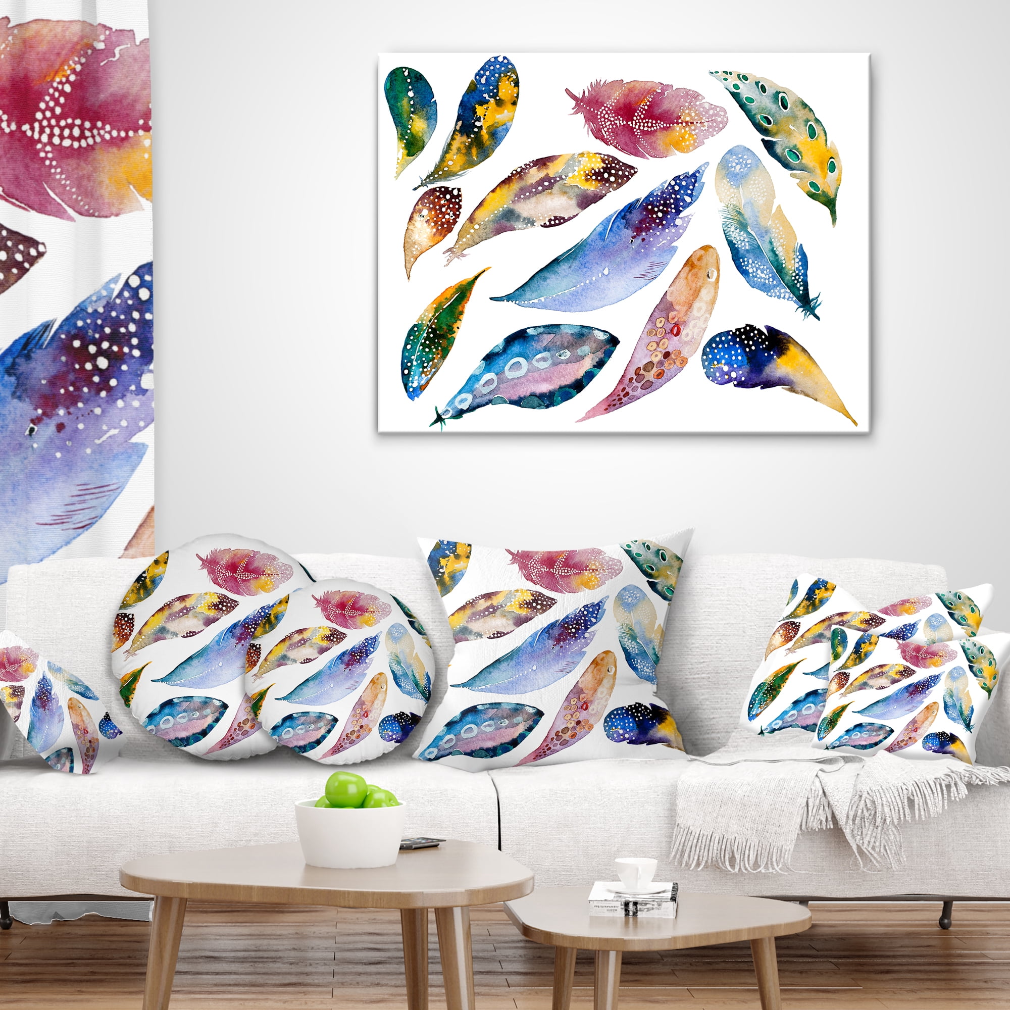 Designart Hand drawn Feather Set - Watercolor Throw Pillow - 18x18
