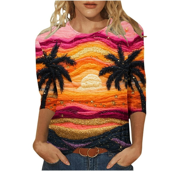 CYMMPU Loose Fit Round Neck Summer Trendy Shirts Flower Printed 3/4 Sleeve Blouses for Women Dressy Casual Tunic Tops Spring Tops Lightweight Basic Tees S