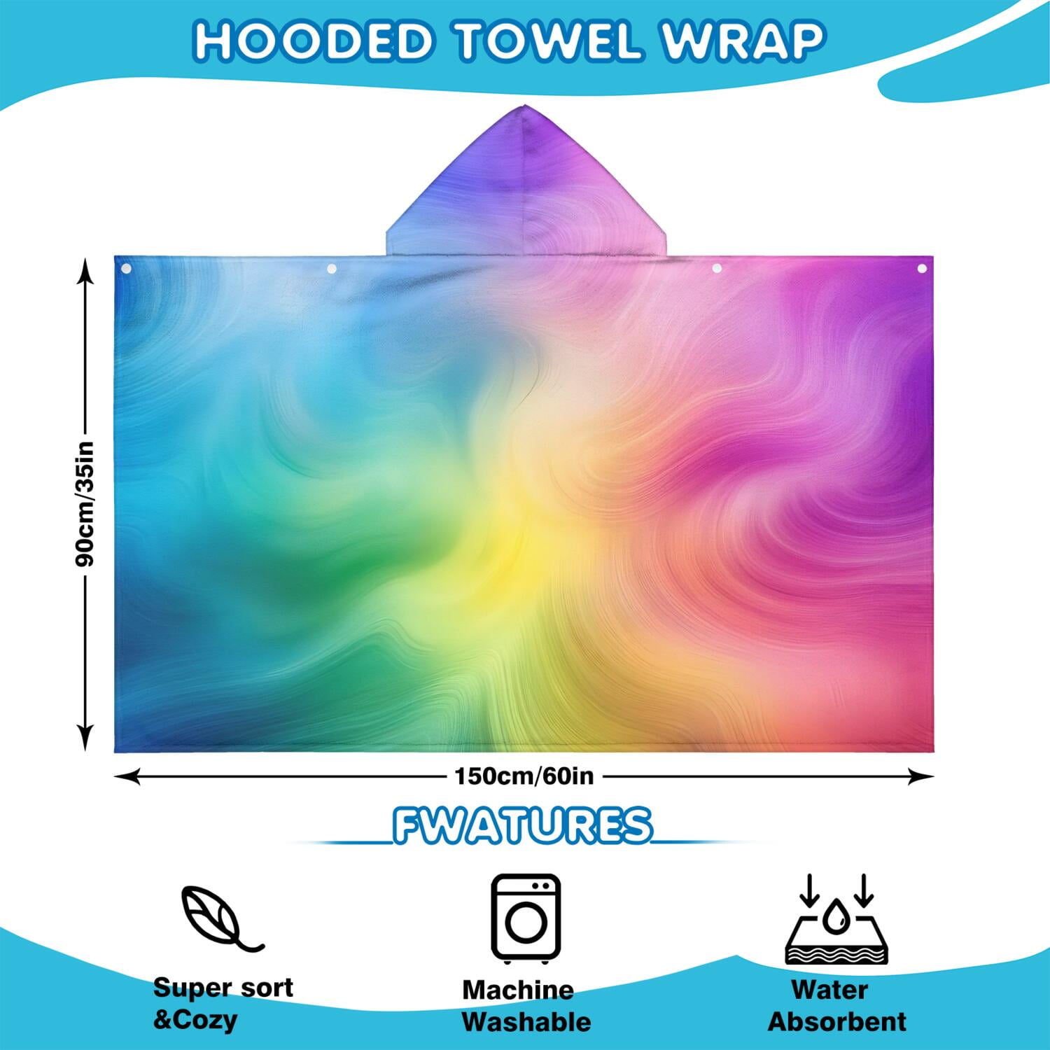 Rainbow Tie Dye Swirl Pattern Hooded Bath Towel，60"x35" for Ages 3 To 12 Kids, Quick Dry Lightweight Soft Microfiber Hood Beach Towel Cover Up for Kids