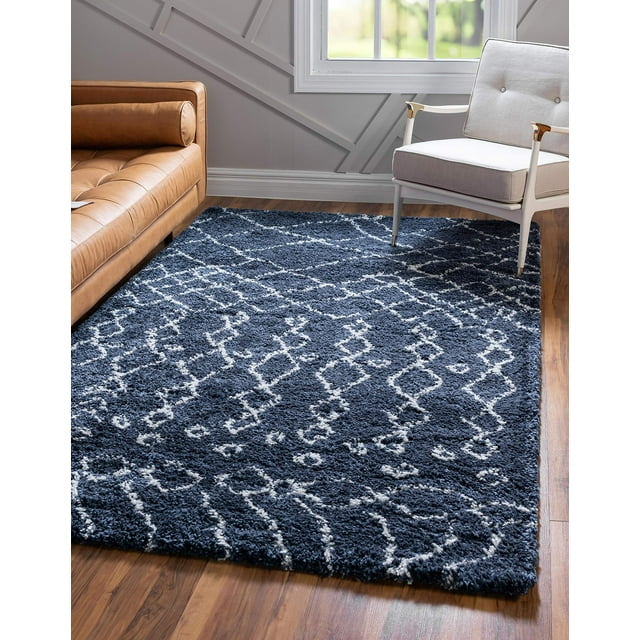 Unique Loom Rabat Shag Collection Modern Tribal Moroccan Inspired Plush & Soft Nomad Design Area Rug, 5 ft x 8 ft, Navy Blue/Ivory