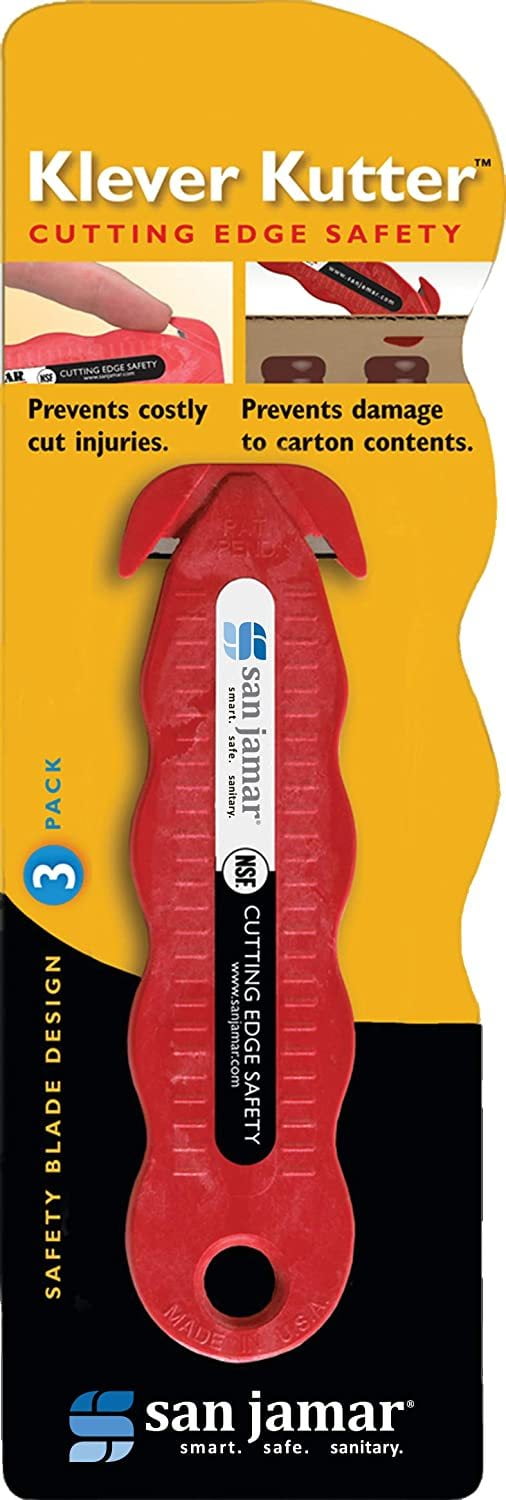 San Jamar KK403 Klever Kutter Safety Box Cutter Knife, Red (3 Pack